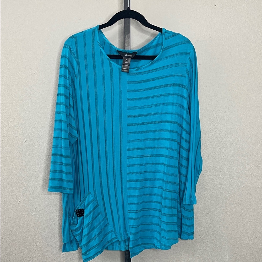 Ali Miles Asymmetrical Striped Tunic Top Blue Teal Size XL Woman’s